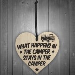 What Happens In The Camper Novelty Wooden Hanging Heart