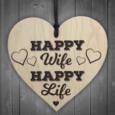 Happy Wife Happy Life Wooden Hanging Heart Love Plaque